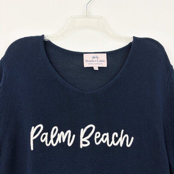 Pearls & Camo Palm Beach Sweater Size L Navy White Lightweight Cotton V-neck - Picture 3 of 6